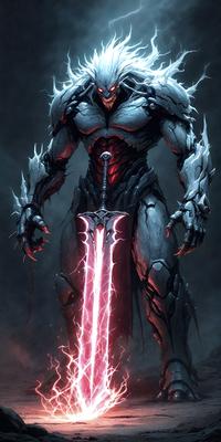 The primary subject of the image is a character, possibly a demon or a warrior, holding a large sword. The setting appears to be a dark, possibly demonic, environment. The visual style is digital art, with the character and sword being the main focus of the image. The colors and mood are dark and intense, with the character and sword being the main elements that create the atmosphere.